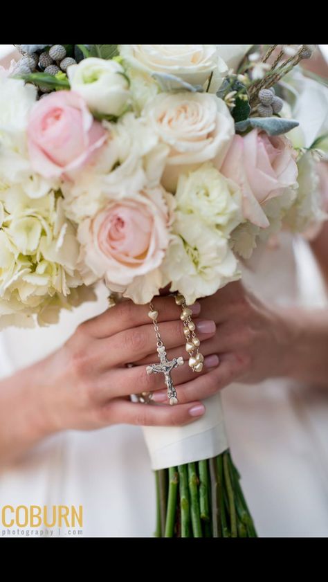 Rosary Wedding Bouquet, Wedding Bouquet With Rosary, Bouquet With Rosary, Communion Bouquet, Joan Calabrese Communion Dresses, Communion Ideas, First Communion Party, Communion Party, Bridal Bouquets