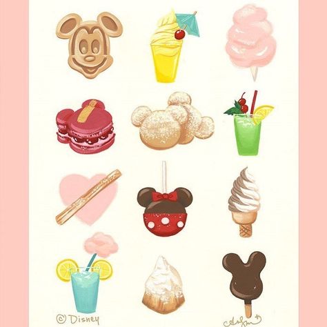 We are obsessed with Disney snacks! Which one is your favorite? Art by @anndanger Available for purchase at Disneyland #disneysnack… Disney Food Stickers, Cheer Box, Disney Doodles, Disney Room Decor, Beginner Tattoos, Tema Disney, Disneyland Food, Disney Treats, Disney Paintings