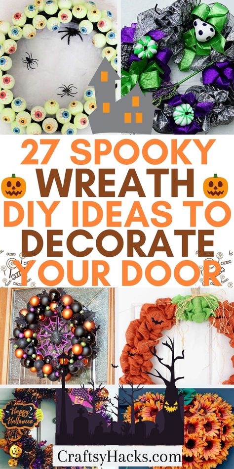 You can easily have fun finding new and creative ways to decorate for Halloween when you create any of these stunning DIY Halloween wreath ideas. These Halloween decorating ideas will help you get Halloween inspiration to decorate your front door for Halloween. Outdoor Halloween Wreath, Loft Room Ideas, Halloween Wreath Ideas, Diy Halloween Door Decorations, Halloween Home Decor Ideas, Cheap Halloween Diy, Halloween Door Wreaths, Halloween Mesh Wreaths, Spooky Wreath