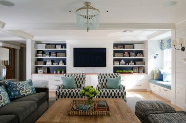 Private Residence - Beach Style - Family Room - boston - by Kristina Crestin Design Kristina Crestin, Coastal Room, House Of Turquoise, Flat Screen Tv, Family Room Design, A Living Room, My New Room, Living Room Inspiration, Built Ins