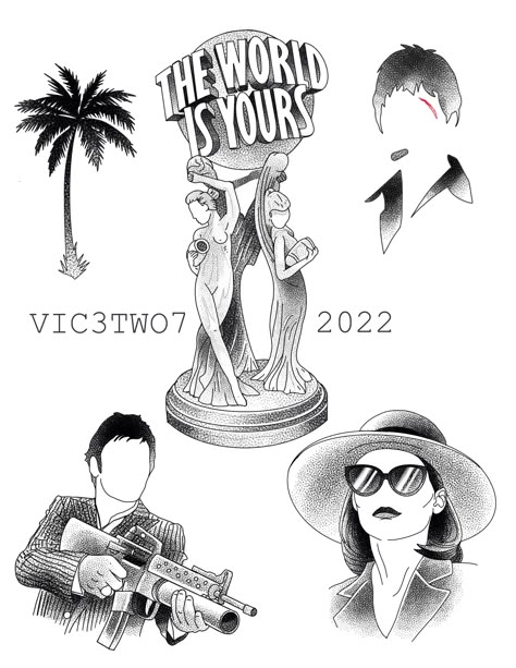 The World Is Yours Tattoo Design Outline, Scarface Inspired Tattoo, Old Friends Tattoo, Tony Montana Tattoo Stencil, Narco Tattoos, The World Is Yours Tattoo Scarface, The World Is Yours Tattoo Stencil, The World Is Yours Tattoo Design, The Town Tattoo