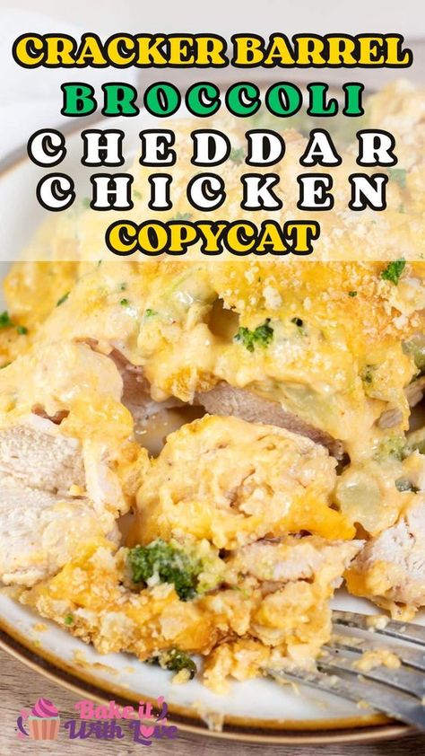 This Cracker Barrel broccoli cheddar chicken is a fan-favorite dinner casserole with its rich, delicious cheesy sauce and crunchy cracker topping. Your family will love this easy copycat recipe for a homemade version that's better than the original. This tasty entree is an easy way to make a flavorful dinner. Get the recipe at BakeItWithLove.com #crackerbarrel #casserole #dinner #copycat #cooking #chicken #cheesy Cracker Barrell Broccoli Chicken, Cracker Barrel Chicken Broccoli Cheddar, Cheddars Copycat Recipes, Cracker Barrel Broccoli Cheddar Chicken, Cracker Barrel Broccoli, Cracker Barrel Copycat Recipes, Cracker Barrel Chicken, Broccoli Cheddar Chicken, Chicken Boneless Breast Recipes