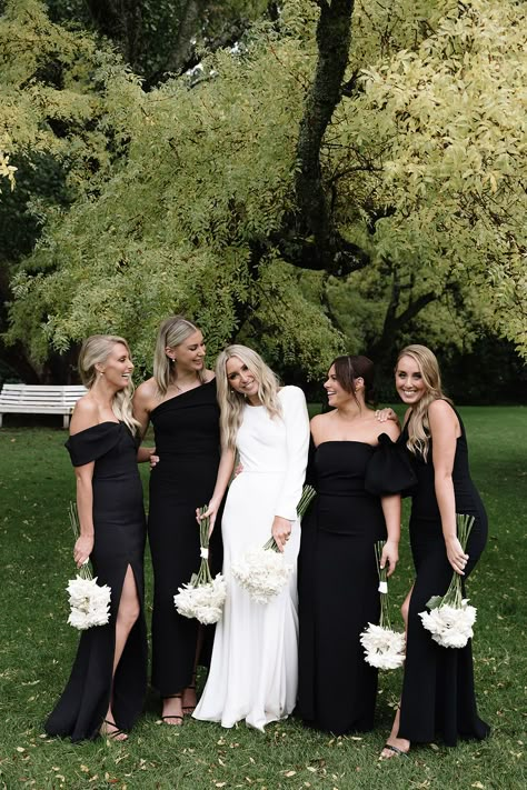 Bridal Party Different Dresses, Black Braids Maid Dresses, All Black Groomsmen Attire Bridesmaid Dresses, Black Tie Event Aesthetic, Black Bridesmaid Dresses Summer Wedding, Briadsmade Dress Black, Black Dresscode Wedding, Spring Wedding Black Bridesmaid Dress, Black Bridesmaid Dresses With Black Tuxedos