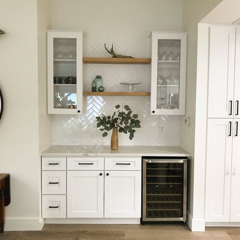 Backsplash For Bar Area, Floating Shelves Bar Area Kitchen, Bar Area Backsplash, Beach House Wet Bar, Bar Area With Floating Shelves, Floating Shelves Bar Area, Herringbone Backsplash White, Coffee Bar Backsplash, Wet Bar With Floating Shelves