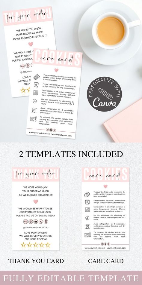 Cookie Care Card Template I Canva Template I Cookie Thank You - Etsy Frozen Cookies, Storing Cookies, Airtight Containers, Care Card, Branding Inspiration, Media Design, Canva Template, Social Media Design, Card Template