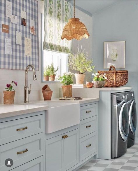 Saylor Cay on Instagram: "Love a sweet window in the laundry room 🧺 📷 @katiedavisdesign #laundryroom #window #blueandwhite #inspireislandgram" Light Blue Cabinets, Katie Davis Design, Kitchen Combination, Katie Davis, Conservatory Kitchen, Mudroom Laundry, Houston Interior Designers, White Tile Backsplash, Mudroom Laundry Room