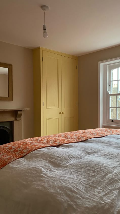 Tan Paint Bedroom Ideas, Wardrobe Painted Same Colour As Wall, Jonquil Paint Edward Bulmer, Mason Pink Edward Bulmer, Jonquil Edward Bulmer, Yellow Panelling Bedroom, Edward Bulmer Paint Clove, Edward Bulmer Cinnamon, Painted Inside Closet