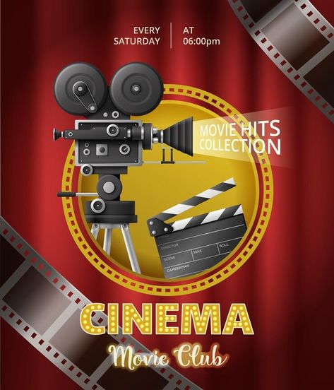 Free Vector | Realistic cinema movie club poster template with camcorder clapper tapes on red curtain background vector illustration Background For Movie Poster, Red Curtain Background, Curtain Background, Film Club, Cinema Movie, Movie Club, Club Poster, Social Post, Cinema Movies