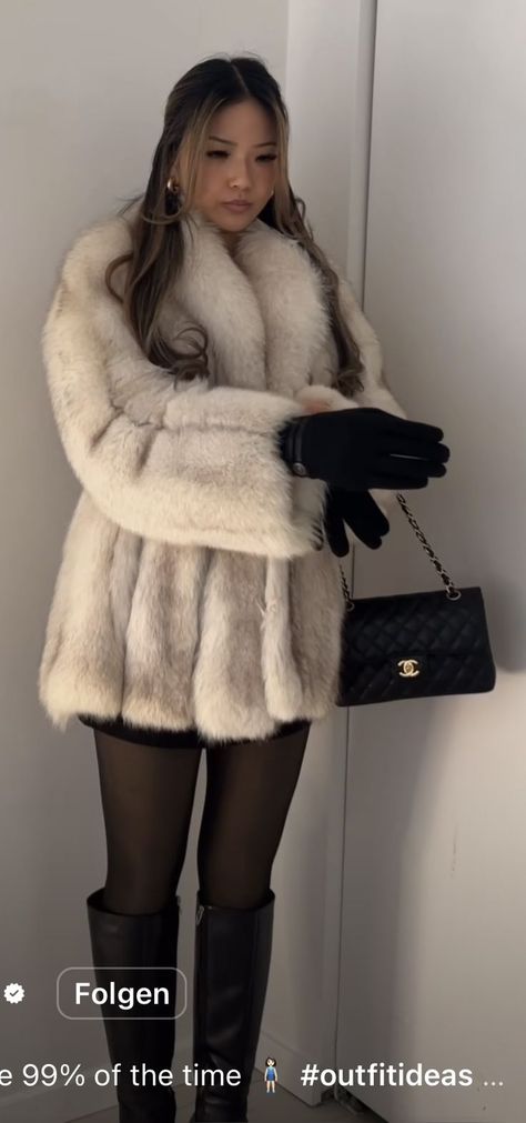 Knee High Boots Stockings Outfit, Blonde Is The Outfit, Aspen Trip Outfits, Classy Snow Outfits, New Years Winter Outfit, Russian Bimbocore Outfits Winter, Holiday Gala Outfit, Christmas Ootd Ideas, Fur Coat Aesthetic Outfit