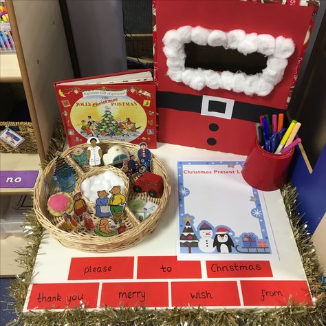 Writing table - the jolly Christmas postman Winter Topic Eyfs, The Jolly Postman Eyfs, Jolly Postman Eyfs, Jolly Christmas Postman Eyfs, Christmas Continuous Provision, Christmas Writing Ideas, The Jolly Postman, Jolly Christmas Postman, Christmas Reception