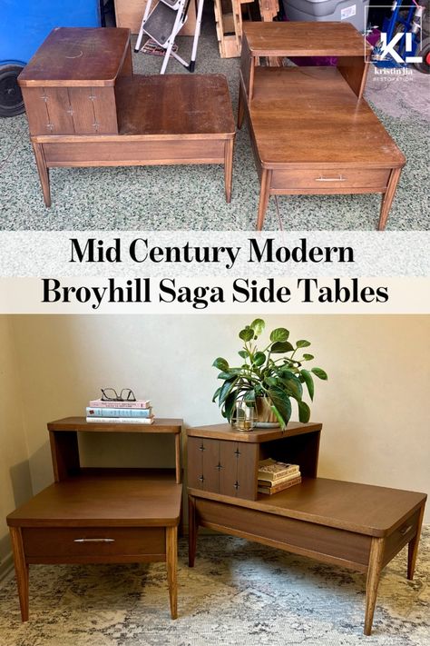 Restoration of a set of MCM Broyhill Saga side tables Broyhill Saga, Wood Restoration, Tan Paint, Country Chic Paint, Cabinet Drawer Hardware, Mid Century Modern Living, Wood Wax, Tool Cabinet, Furniture Restoration