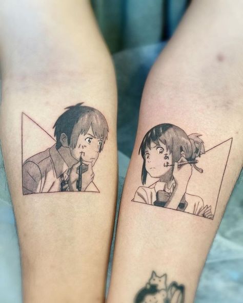 Matching Sibling Anime Tattoos, Your Name Tattoo Anime, Matching Anime Couple Tattoos, Cute Tattoos Matching, Your Name Anime Tattoo, Matching Tattoos Anime, Couple Tattoos Simple, Anime Couple Tattoos, Matching Anime Tattoos