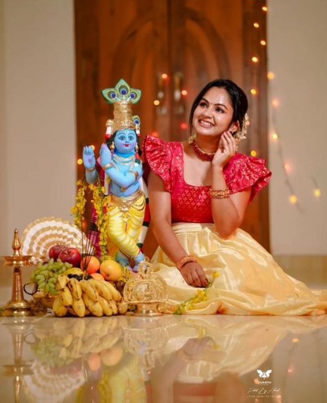 Vishu Special Photoshoot, Vishu Decoration Ideas, Vishu Special Kerala Dress, Vishu Photoshoot Ideas, Festival Photoshoot Ideas, Vishu Photography, Kerala Style Skirt And Top, Onam Decor, Vishu Photoshoot