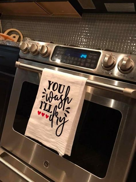 Personalized tea towels. order your custom towel from Boardman Printing. Visit Facebook/BoardmanPrinting Kitchen Towel Ideas, Cricut Printables, Catchy Sayings, Farmhouse Towels, Vinyl Sayings, Recipe Towel, Embroidering Machine, Towel Ideas, Htv Projects