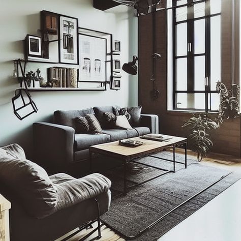 Bachelor Living Room Ideas, Grunge Living Room, Brown Living Room Color Schemes, Guy Living Room, Bachelor Living Room, Rustic Industrial Living Room, Bachelor Pad Living Room, Bachelor Apartment, Mini Home Gym