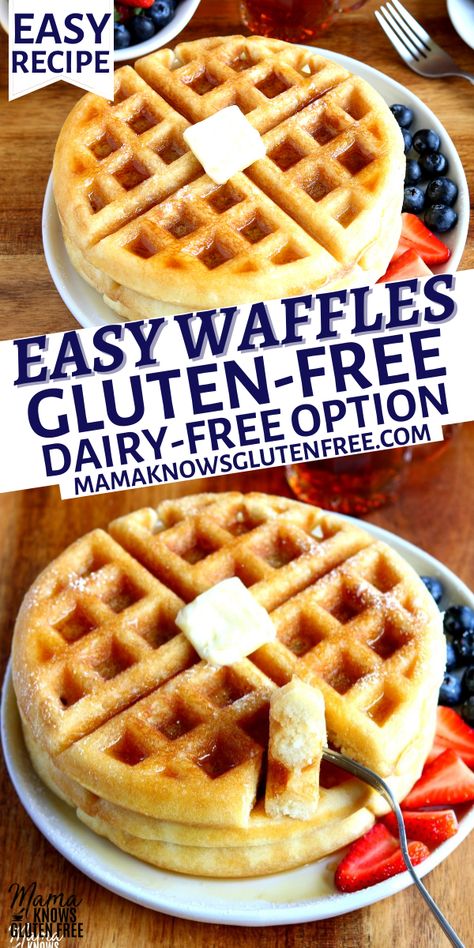 An easy recipe for gluten-free waffles. This gluten-free breakfast recipe also has a dairy-free option. Mama Knows Gluten Free, Dairy Free Waffles, Gf Breakfast, Gluten Free Waffles, Gluten Free Breakfast, Dairy Free Breakfasts, Waffle Recipe, Gluten Free Recipes For Breakfast, Gluten Free Dairy Free Recipes