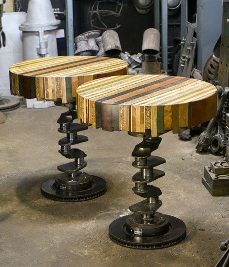 OMG, these wood top end tables with crankshaft and disc brake rotor bases are just perfect. Hubby would lose his mind over these... ~~ Houston Foodlovers Book Club Man Cave Furniture, Masculine Interior, Car Part Furniture, Automotive Furniture, Kursi Bar, Car Furniture, Bedroom Minimalist, Stil Industrial, Automotive Decor