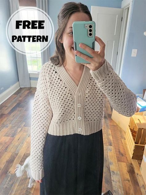 Easy Crochet Cropped Cardigan, V Neck Cardigan Crochet Pattern, Crochet Cardigan Ribbing, Top Down Crochet Cardigan Pattern Free, Crochet Cardigan Pattern Free Women Easy, Crochet Cropped Cardigan Pattern Free, Free Crochet Cardigan Patterns For Women, Cropped Cardigan Knitting Pattern, Cropped Cardigan Crochet Pattern