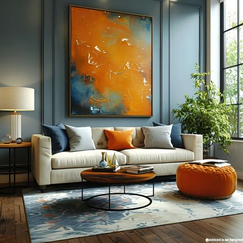 Modern living room featuring a large orange and blue abstract painting above a white sofa. The room includes a blue rug, dark gray walls, wooden floor, and natural light from large windows. Decorative elements include a wooden coffee table, orange footstool, blue pillows, and green plants enhancing the serene ambiance. Blue Grey And Orange Living Room, Blue Burnt Orange Living Room, Blue Orange Interior Design, Blue Orange Gray Living Room, Navy Blue Orange Living Room, Blue And Burnt Orange Living Room, Gray Orange Living Room, Living Room Design Dark, Grey And Orange Living Room