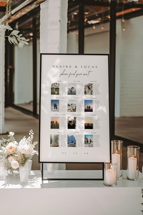 Wow your guests with this travel-inspired photo wedding seating chart! 🌍✈ From globetrotting destinations to local places that are meaningful to the couple, easily use this seating chart to add a touch of adventurous spirit at your wedding! Seating Plan Sign Wedding, Seating Chart For Small Wedding, Our Favorite Places Seating Chart, Wedding Seating Chart Beach, Travel To Your Seat Wedding, Travel Themed Seating Chart, National Park Seating Chart, Wedding Seating Chart Travel, Simple Wedding Seating Chart Ideas