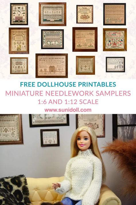 Miniature Printables Needlework Samplers - Suni Doll Free Miniature Printables, Barbie House Furniture, Room Box Miniatures, Wal Art, Dollhouse Miniature Tutorials, Doll Furniture Diy, Dollhouse Printables, Diy Doll Miniatures, Doll House Crafts