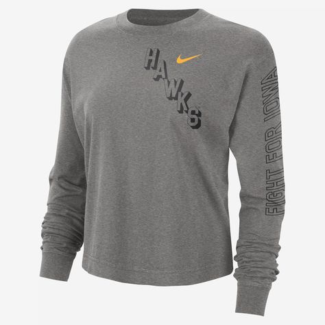 Show your love for the Hawkeyes with this soft cotton tee. Iowa details in a boxy fit make it a perfect piece of fan wear. Merch Ideas, Iowa Hawkeyes, Iowa, Volleyball, Cotton Tee, Gender Female, Neck T Shirt, Dark Grey, Nike Women