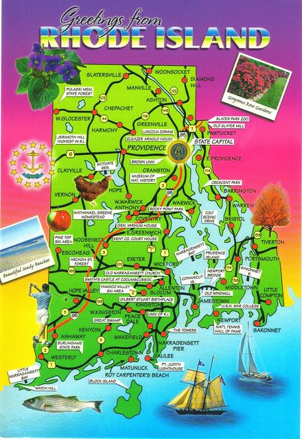 RHODE ISLAND Postcards | photo Rhode Island Map, Clam Cakes, Rhode Island Travel, New England Road Trip, New England States, Providence Rhode Island, Weekend Humor, Island Map, Block Island