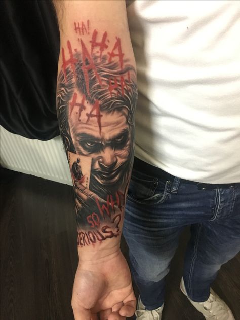 Forarm Tattoos Joker, Haha Why So Serious Tattoo, Why Do Serious Tattoo, Joker Arm Tattoo Men, Joker Forearm Tattoo Design, Joker Half Sleeve Tattoo, Joker Shoulder Tattoo, Joker Tattoos Men, Self Made Tattoo Design