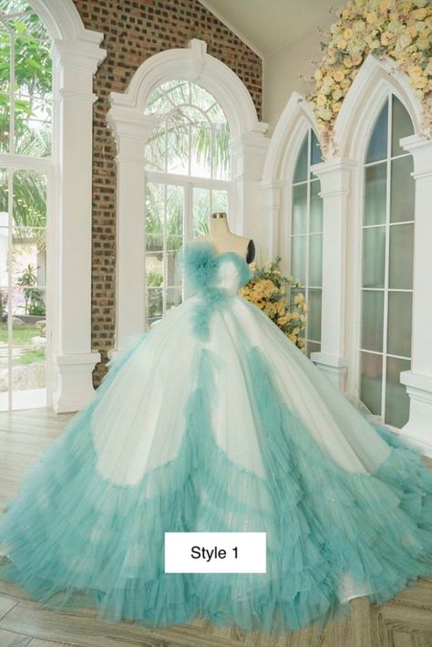 Puffy tiered skirt teal/turquoise ball gown wedding dress with train and ruffles Turquoise Ball Gown, White Ball Dresses, Teal Wedding Dress, Teal Ball Gown, Ball Gown Wedding Dress With Train, Turquoise Wedding Dresses, Ballgown Dresses, Wedding Dress With Train, Wedding Gown Dress