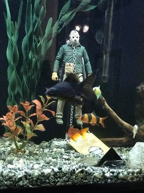 Horror Themed Fish Tank, Spooky Fish Tank Ideas, Halloween Fish Tank Decor, Goth Fish Tank, Halloween Aquarium, Halloween Fish Tank, Cuddle Application, Crab Aquarium, Fish Tank Themes