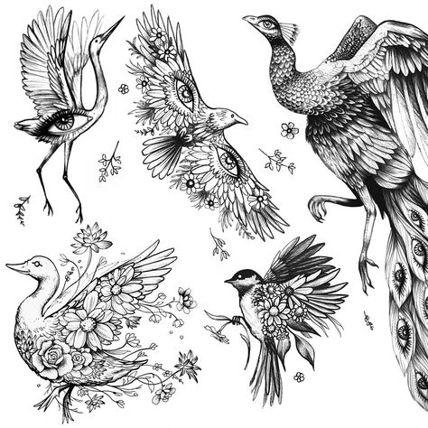 Beautiful Boirds 🕊️ Flowers and feather, leaves and lashes, lots of cool bird tattoo ideas available flash sheet 👀 #birdtattoo #birdtattoodesign #birdtattooidea #tattooideas #flashsheet #flashart #birdart Flying Animal Tattoo, Bird Tattoo Ideas, Flying Bird Tattoo, Flash Sheet, Bird Tattoo, Birds Tattoo, Flash Art, Tattoo Inspo, Bird Art