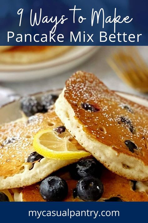 lemon blueberry pancakes on a plate with more pancakes in the background. Boxed Pancake Mix Better, Krusteaz Pancake Mix Recipes, Ultimate Pancake Recipe, Diy Pancake Mix, Hungry Jack Pancakes, Pancake Mix Uses, Krusteaz Pancake Mix, Cinnamon Pancakes Recipe, Cracker Barrel Pancakes