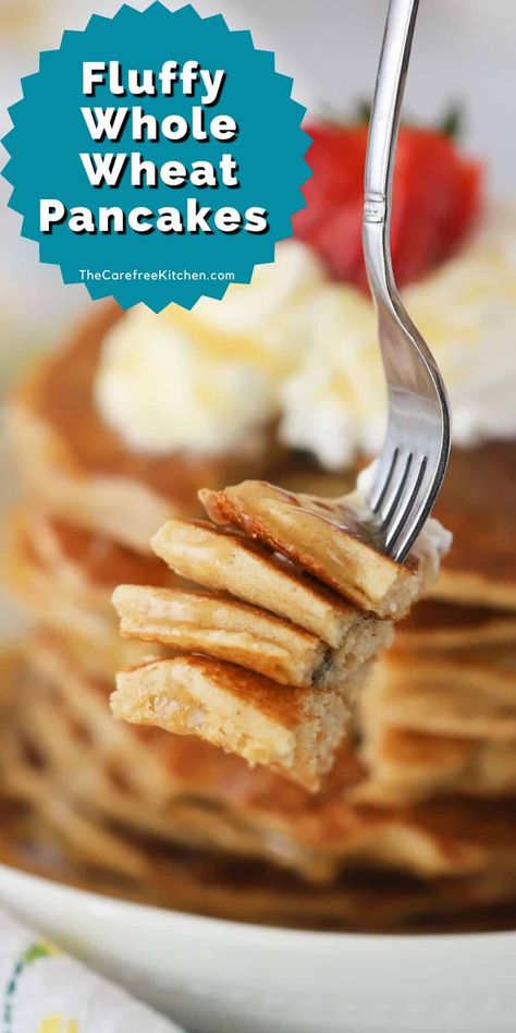 These light and fluffy Whole Wheat Flour Pancakes are flavorful and easy to make.  Packed with nutrient and fiber rich 100% whole wheat flour, they’re a healthier option for breakfast or brunch. #thecarefreekitchen #pancakes #healthy #wholewheatflour #wholewheat #brunch #breakfast #buttermilkpancakes Whole Wheat Flour Pancakes, Whole Wheat Pancake Recipe, Wheat Flour Pancakes, Wheat Pancake Recipe, Quick Pancakes, Lemon Poppyseed Pancakes, Freeze Pancakes, Healthy Flour, French Toast Muffins