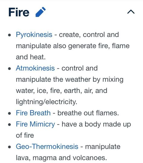 Powers 5/14 (Fire) Fire Magic Abilities, Types Of Kinesis Powers, Fire Power Ideas, Fire Powers Art, Types Of Super Powers, Fire Powers Drawing, Power Ideas Superpower, Kinesis Powers, Oc Powers Ideas