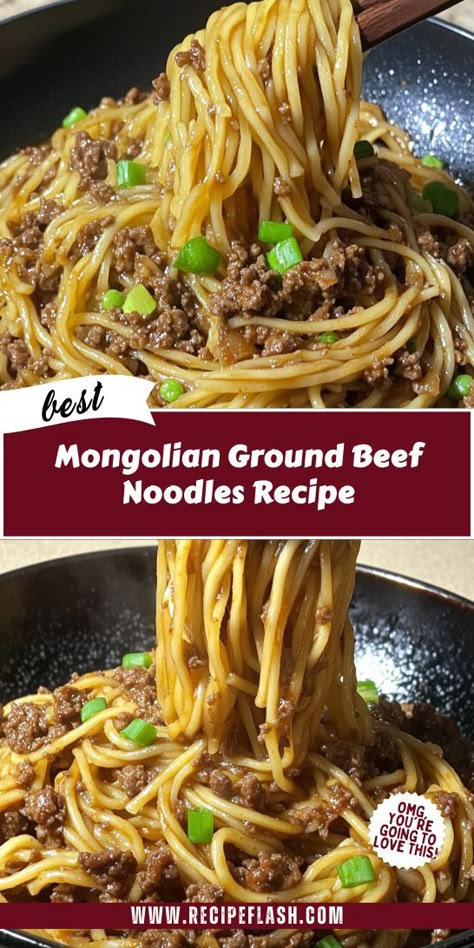 Looking for a quick and delicious way to enjoy ground beef? This Mongolian Ground Beef Noodles Recipe combines savory flavors and hearty textures that are sure to impress. Save this recipe for an easy dinner idea that the whole family will love and keep your weeknight meals exciting! Ground Meat And Pasta Recipes, Ground Pork Dinner Ideas, Dinner Meals With Ground Beef, 1 Lb Ground Beef Recipes For Dinner, Ground Beef With Pasta, Cheap Ground Beef Recipes, Lean Ground Beef Recipe, Easy Ground Beef Dinner Recipes, Recipes With 1lb Ground Beef