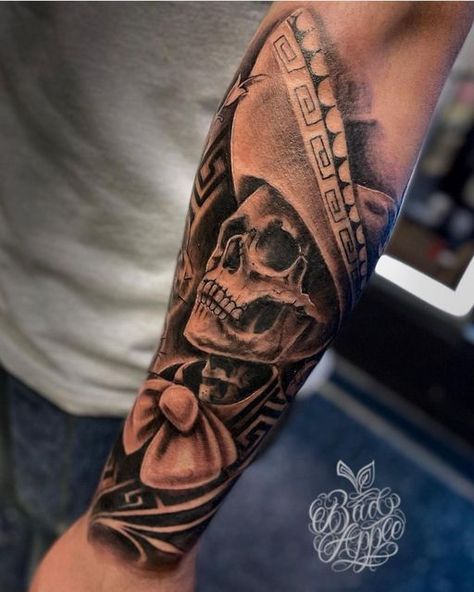 Mexican Charro Tattoo, Charro Tattoo Design, Charro Tattoo, Dia De Los Muertos Tattoo Ideas, Serious Tattoos, Aztec Tattoos Sleeve, Memorial Tattoo Ideas, Aztec Tattoos, Mexican Tattoo