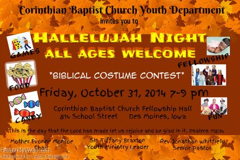 Hallelujah Night flyer Hallelujah Night Ideas Church, Hallelujah Night Games, Raise A Hallelujah Shirt, Night Of Worship Graphic, Worship Night Flyer Design, 31st Night Church Flyer, Biblical Costumes, Church Fellowship, Church Youth