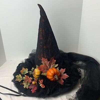 Emily Way Hats Black Lace Witches AKA Fall Goddess Pumpkin Tulle Steampunk Hat | eBay Witch Hats Decorations, Fancy Witch Hat, Witches Hats Decorations, Witch Hat Decorating Ideas, Decorated Witches Hats, Cute Witch Hats, Fall Goddess, Witch Hat Design, White Witch Hat