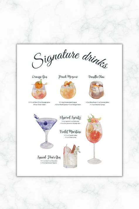 Alcohol Menu Design, Pear Gin, Pear Liqueur, Classic Things, Wedding Bar Menu Sign, Bday Dinner, Bar Menu Sign, Signature Drink Sign, Cocktail Sign