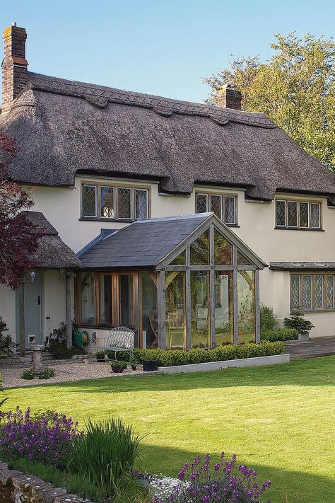 natural oak garden room Cottagecore Interior Design, Cottagecore Interior, Conservatory Kitchen, Conservatory Design, Garden Room Extensions, Oak Framed Buildings, Thatched House, English Country Gardens, Thatched Cottage