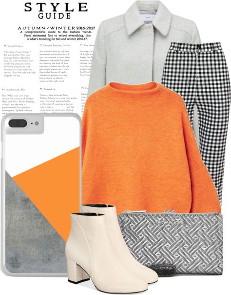 An elegant winter outfit that combines a cozy gray coat with black and white plaid pants and  a cute orange sweater. #orangeoutfit #orangesweater #plaidpants #sweaterweather #winteroutfits #ootd #outfitoftheday #fashion #whattowear #getthelook Orange Sweater Outfit, Pull Orange, Plaid Pants Outfit, White Pants Outfit, Winter Sweater Outfits, Pullovers Outfit, Gray Coat, Winter 22, Orange Sweater