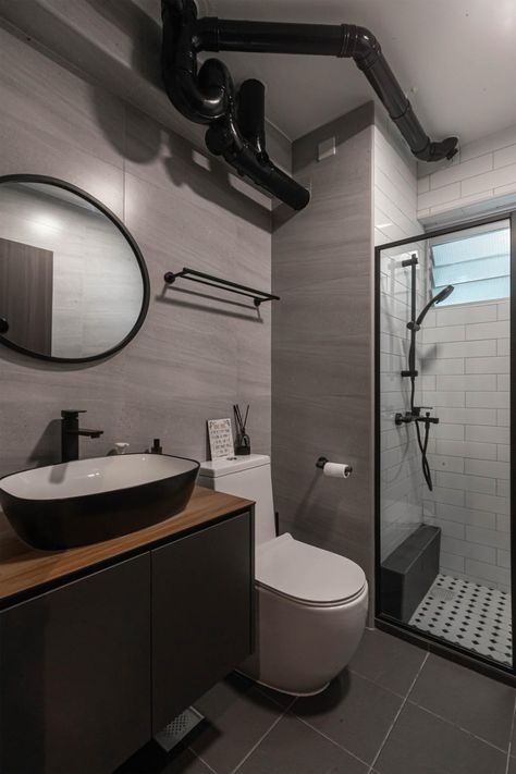 Check out this Industrial-style HDB Bathroom and other similar styles on Qanvast. Industrial Design Toilet And Bath, Industrial Minimalist Bathroom, Small Bathroom Industrial Style, Hdb Bathroom Design, Industrial Toilet Design, Industrial Small Bathroom, Hdb Bathroom Singapore, Industrial House Minimalist, Modern Industrial Bathroom Design