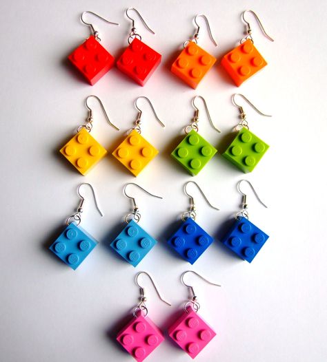 Lego Brick Earrings - Get your geek on with these cool and quirky earrings - made with genuine lego bricks, silver plated earrings, and available in a fabulous choice of colours. Just £2 per pair. https://www.etsy.com/uk/listing/188936685/lego-brick-dangle-earrings-choice-of #lego #geek #legojewelry #legoearrings #brickearrings #rainbow #legobrick Lego Earrings, Lego Jewelry, Funny Earrings, Happy Jewelry, Lego Craft, Lego Projects, Recycled Jewelry, Upcycled Jewelry, Lego Brick