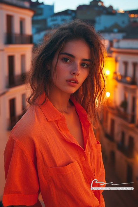 Stunning linen shirt outfit ideas inspired by Granada's neon lights Orange Linen Shirt Outfit, Linen Shirt Outfit, Shirt Outfit Ideas, Linen Collection, Linen Clothing, Wool Vest, Linen Blouse, Neon Lights, Linen Dresses