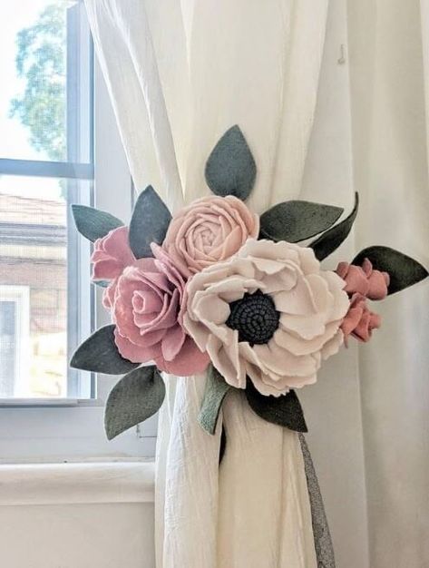 Curtain Tie Back Flowers, Curtain Sheers Ideas, Flower Tie Backs For Curtains, Unique Curtain Tie Backs Ideas, Ways To Tie Back Curtains, Floral Curtain Tie Backs Wedding, Nursery Curtain Tie Backs, Floral Curtain Tie Backs, Curtain Tiebacks Ideas Diy