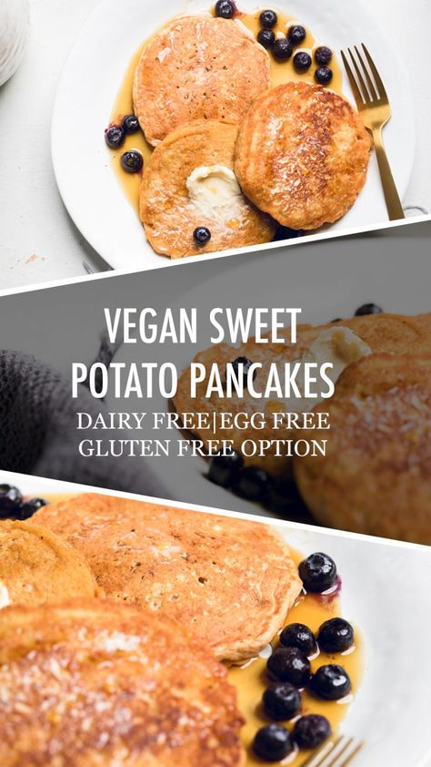 Sweet Potato Pancakes Vegan, Pancakes With Cinnamon, Sweet Potato Pancakes Recipe, Vegan Pumpkin Pancakes, Vegan Sweet Potato Pie, Recipe Sweet Potato, Vegan Breakfast Options, Dairy Free Pancakes, Vegan Pancake Recipes