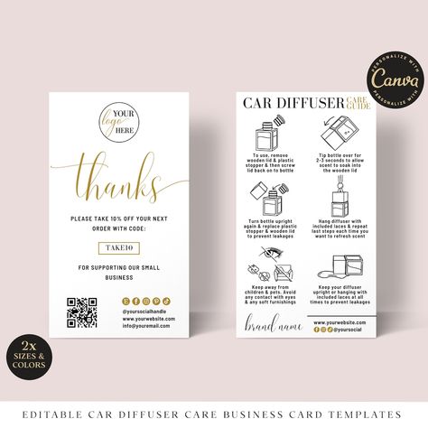 CANVA fully editable car diffuser care card / car air freshener usage guide templates in 2 sizes, with fully editable text and edit with your own brand colors. This beautiful aromatherapy car scent care card comes in black and gold and white and gold color options OR change all colors to suit your Diffuser Packaging, Essential Oil Safety, Guide Template, Room Diffuser, Printable Business Cards, Standard Business Card Size, Jute Bag, Car Diffuser, Care Card