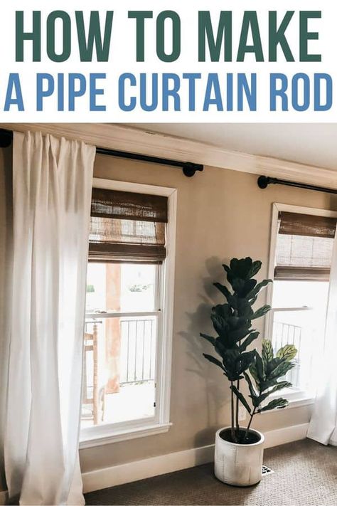 How to make a pipe curtain rod. DIY a pipe curtain rod for that industrial look! Perfect farmhouse style industrial curtain rods! Farmhouse Curtain Rods, Pipe Curtain Rods, Industrial Curtain Rod, Rustic Curtain Rods, Traditional Curtain Rods, Industrial Curtains, Farmhouse Window Treatments, Door Makeover Diy, Diy Curtain Rods