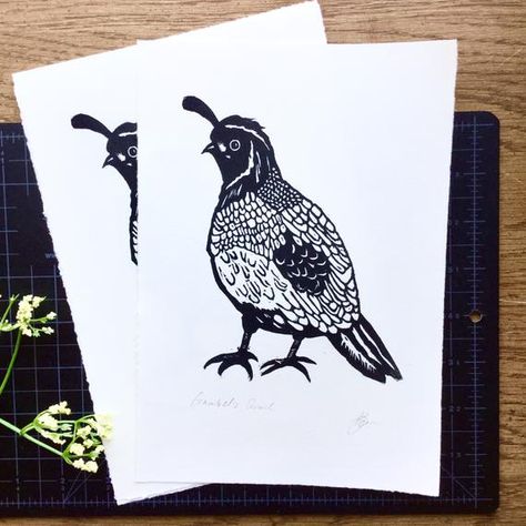 Quail Original Linocut Block Handprinted Handmade Cute | Etsy Quail Tattoo, Bird Linocut, Quail Bird, Print Greeting Cards, Bird Art Print, Bird Lover, Handmade Greetings, Pottery Designs, Linoleum