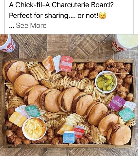 Creative Food Boards Ideas, Pizza Snack Board, Fast Food Board Ideas, Charcuterie Board Fast Food, Brown Party Food Ideas, Chic Fil A Charcuterie Board, Mcdonald’s Charcuterie Board, Chick Fil A Charcuterie Board Ideas, Charcuterie Board Themes Dinner